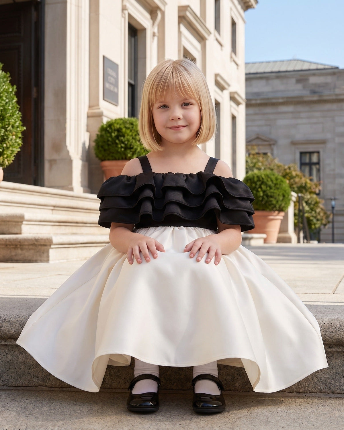 Girl in an ivory and black off-shoulder satin party dress sitting on stone steps.