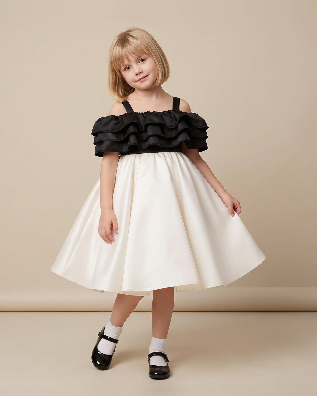 Girl wearing an ivory and black satin girls party dress with an off-shoulder black ruffle band, straps and a full ivory skirt, front view.