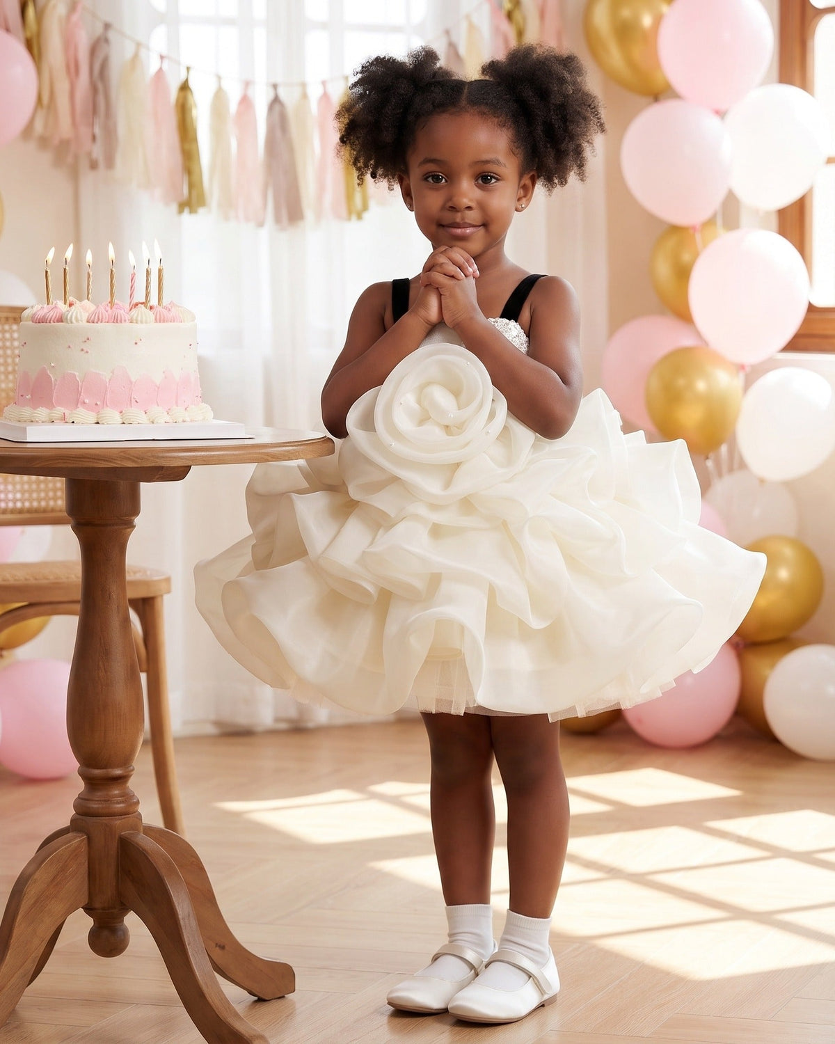 Girl in an ivory rosette organza birthday dress standing next to her birthday cake.