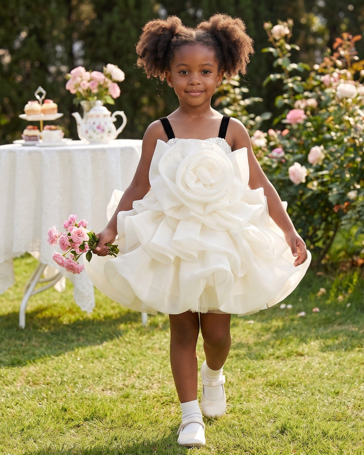Girl in an ivory ruffled organza party dress walking across a garden at a tea party.