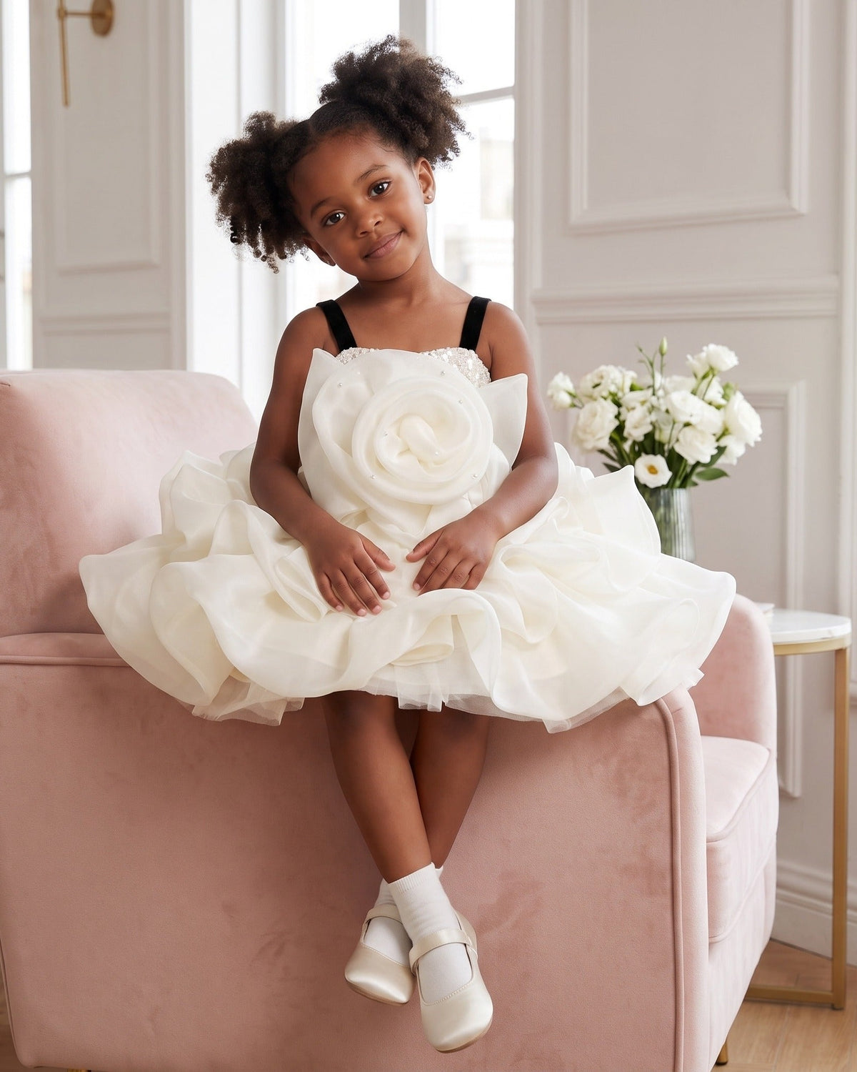Girl in an ivory rosette organza party dress sitting on a pink velvet armchair for a photoshoot.