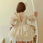 Open V back with a ribbon tie on the ivory flower girl dress, back view.