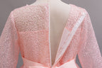 Pink lace and tulle girls gown with a sheer lace back and concealed zipper, designed for weddings and flower girls.