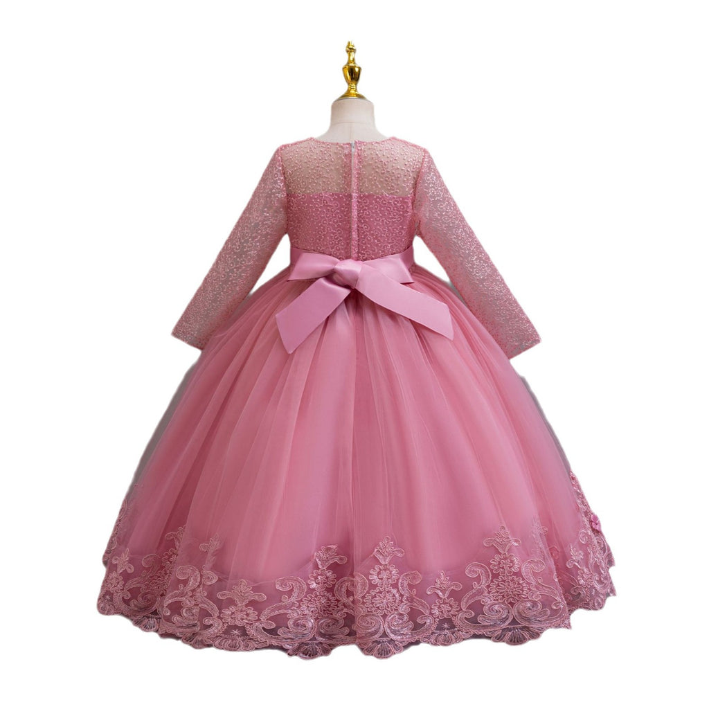 Mauve lace and tulle girls gown with a satin back bow and sheer lace back, designed for weddings and flower girls.