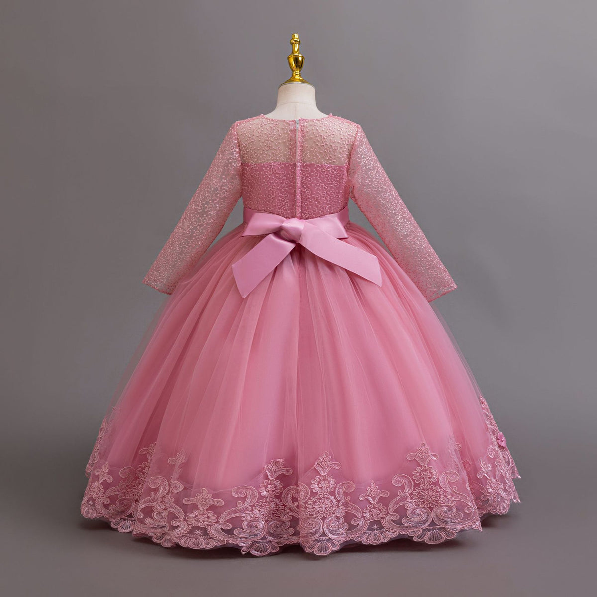 Mauve lace and tulle girls gown with a satin back bow and sheer lace back, designed for weddings and flower girls, view 2