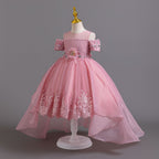 Mauve lace girls gown with beaded lace bodice and high-low tulle skirt, designed for weddings and recitals.