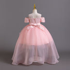 Pink lace girls gown back view with satin bow and full tulle skirt, designed for weddings and parties.