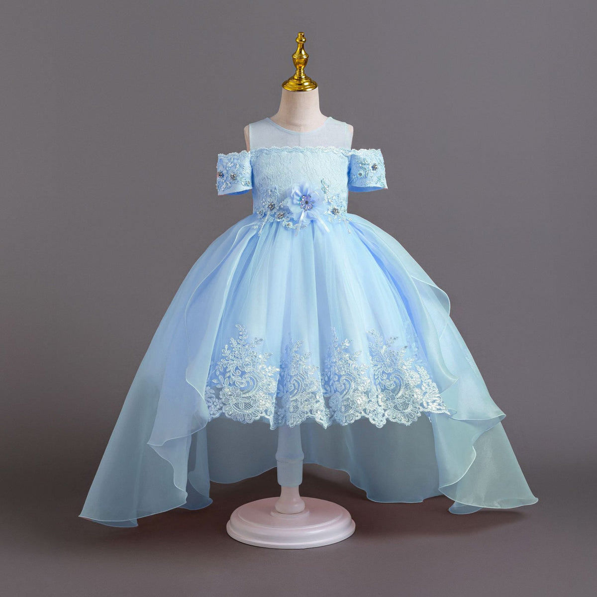 Sky Blue lace girls gown with off-shoulder beaded sleeves, floral waist and high-low organza train, designed for princess parties and pageants.