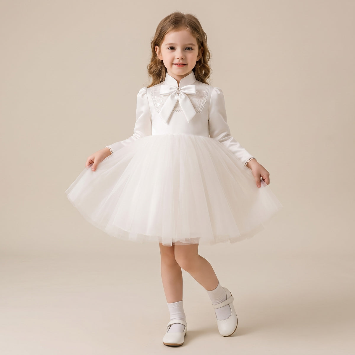 Ivory long sleeve lace yoke satin bow tutu dress for girls, front view
