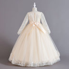 Champagne lace and tulle girls ball gown with long sheer lace sleeves, sequin lace overlay trim and rhinestone waistband, designed for weddings and Christmas, view 3