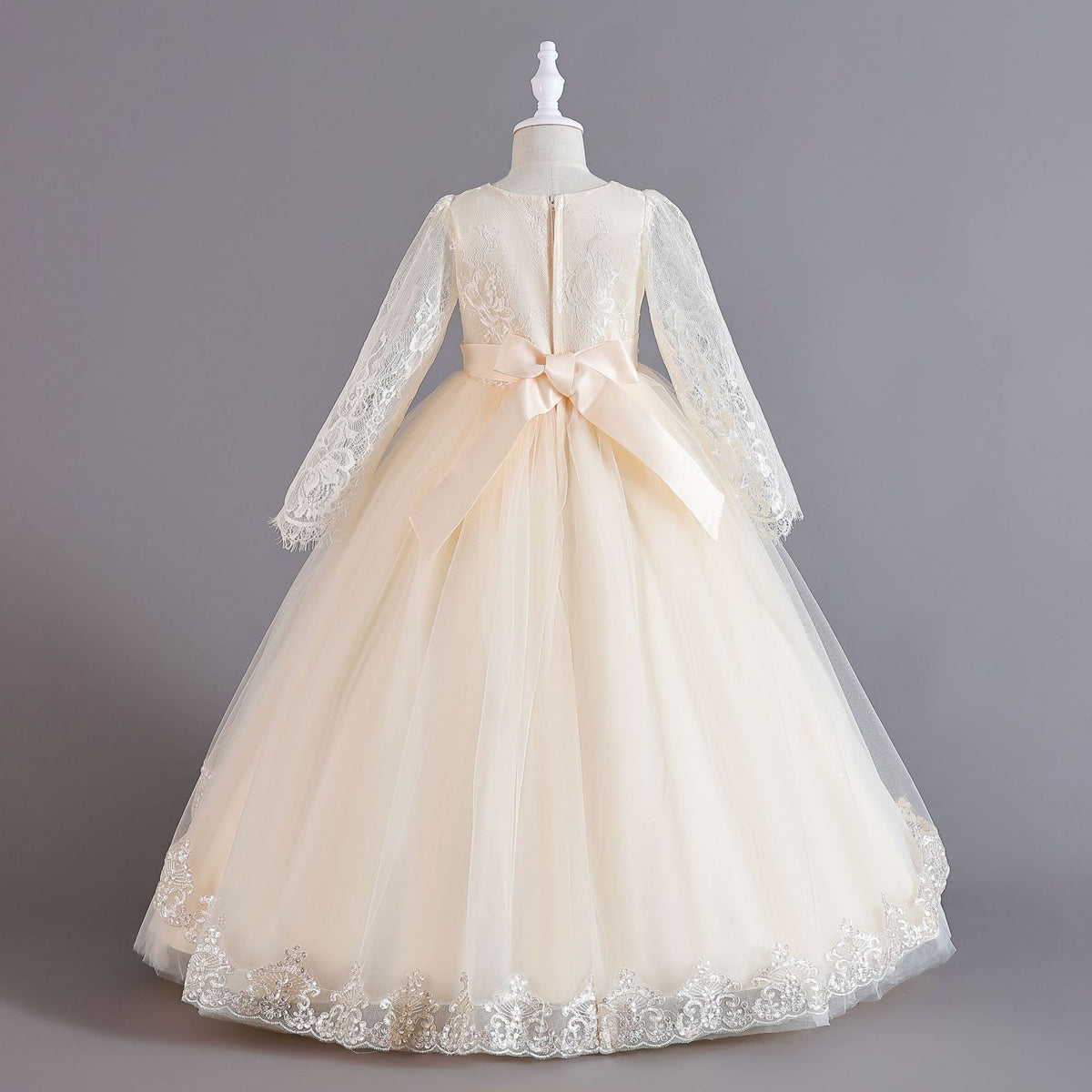 Champagne lace and tulle girls ball gown with long sheer lace sleeves, sequin lace overlay trim and rhinestone waistband, designed for weddings and Christmas, view 3