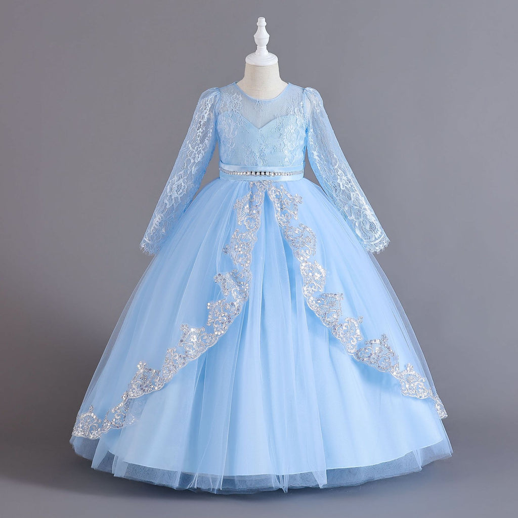 Light Blue lace and tulle girls ball gown with long sheer lace sleeves, sequin lace overlay trim and rhinestone waistband, designed for weddings and Christmas, view 3