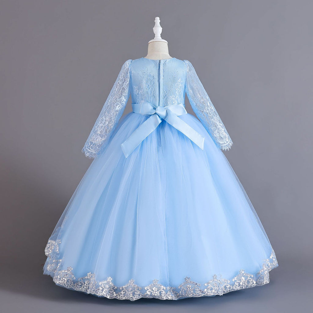 Light Blue lace and tulle girls ball gown with long sheer lace sleeves, sequin lace overlay trim and rhinestone waistband, designed for weddings and Christmas, view 4
