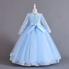 Light Blue lace and tulle girls ball gown with long sheer lace sleeves, sequin lace overlay trim and rhinestone waistband, designed for weddings and Christmas, view 4
