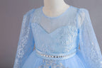 Light Blue lace and tulle girls ball gown with long sheer lace sleeves, sequin lace overlay trim and rhinestone waistband, designed for weddings and Christmas, view 5