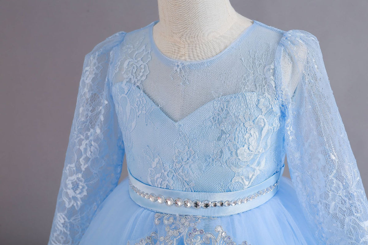Light Blue lace and tulle girls ball gown with long sheer lace sleeves, sequin lace overlay trim and rhinestone waistband, designed for weddings and Christmas, view 5
