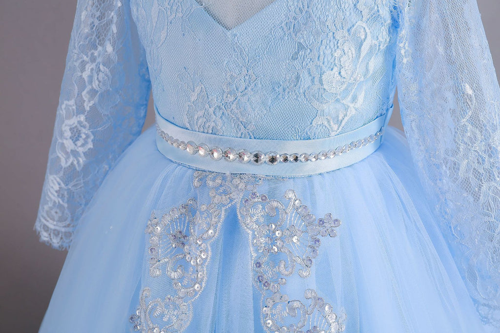 Light Blue lace and tulle girls ball gown with long sheer lace sleeves, sequin lace overlay trim and rhinestone waistband, designed for weddings and Christmas, view 6