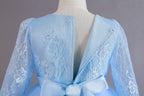 Light Blue lace and tulle girls ball gown with long sheer lace sleeves, sequin lace overlay trim and rhinestone waistband, designed for weddings and Christmas, view 7