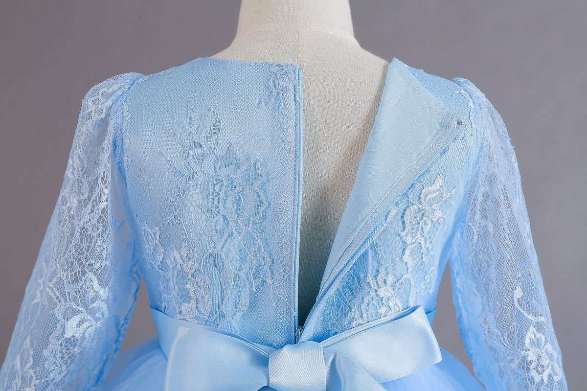 Light Blue lace and tulle girls ball gown with long sheer lace sleeves, sequin lace overlay trim and rhinestone waistband, designed for weddings and Christmas, view 7