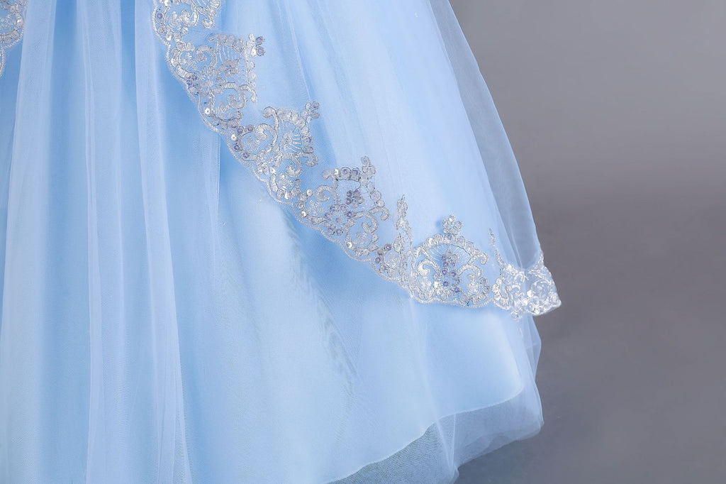 Light Blue lace and tulle girls ball gown with long sheer lace sleeves, sequin lace overlay trim and rhinestone waistband, designed for weddings and Christmas, view 9