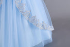 Light Blue lace and tulle girls ball gown with long sheer lace sleeves, sequin lace overlay trim and rhinestone waistband, designed for weddings and Christmas, view 9