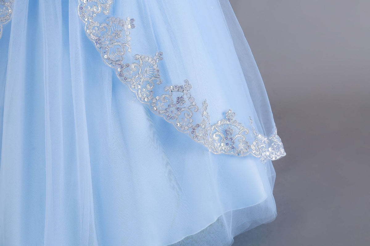 Light Blue lace and tulle girls ball gown with long sheer lace sleeves, sequin lace overlay trim and rhinestone waistband, designed for weddings and Christmas, view 9