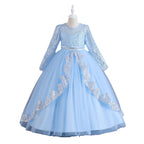 Light Blue lace and tulle girls ball gown with long sheer lace sleeves, sequin lace overlay trim and rhinestone waistband, designed for weddings and Christmas, view 2