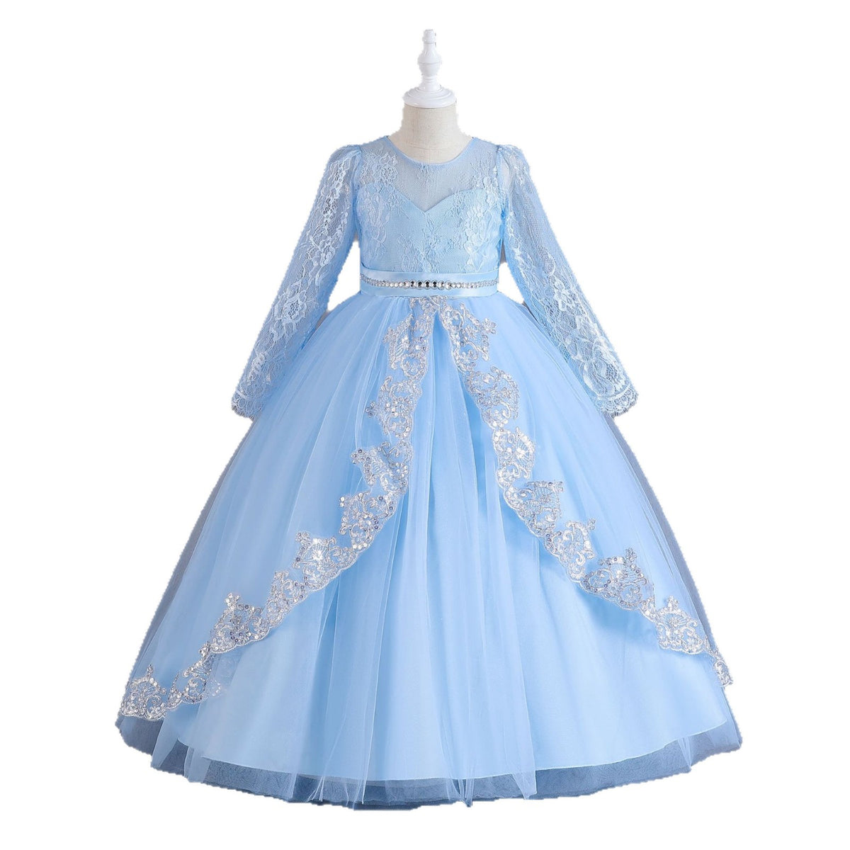 Light Blue lace and tulle girls ball gown with long sheer lace sleeves, sequin lace overlay trim and rhinestone waistband, designed for weddings and Christmas, view 2