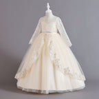 Champagne lace and tulle girls ball gown with long sheer lace sleeves, sequin lace overlay trim and rhinestone waistband, designed for weddings and Christmas, view 2