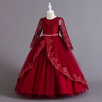 Burgundy lace and tulle girls ball gown with long sheer lace sleeves, sequin lace overlay trim and rhinestone waistband, designed for weddings and Christmas, view 2