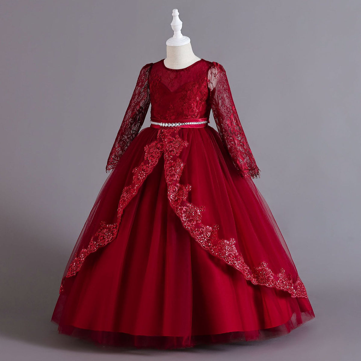 Burgundy lace and tulle girls ball gown with long sheer lace sleeves, sequin lace overlay trim and rhinestone waistband, designed for weddings and Christmas, view 2