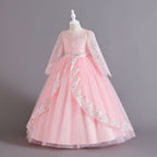 Pink lace and tulle girls ball gown with long sheer lace sleeves, sequin lace overlay trim and rhinestone waistband, designed for weddings and Christmas, view 2