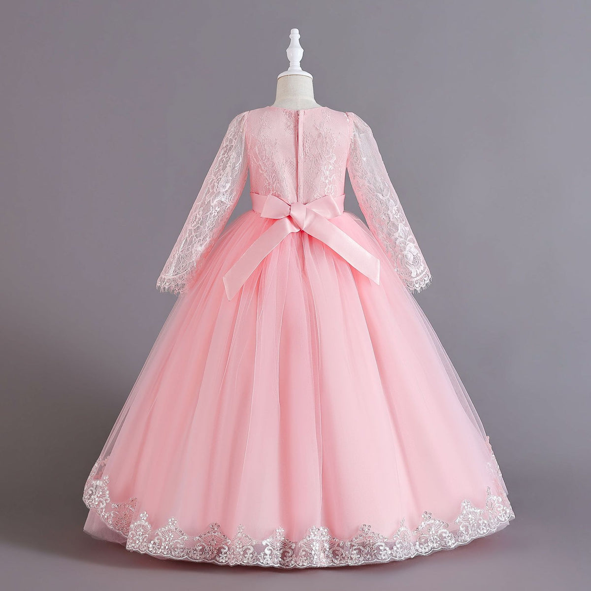 Pink lace and tulle girls ball gown with long sheer lace sleeves, sequin lace overlay trim and rhinestone waistband, designed for weddings and Christmas, view 3