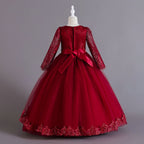 Burgundy lace and tulle girls ball gown with long sheer lace sleeves, sequin lace overlay trim and rhinestone waistband, designed for weddings and Christmas, view 3