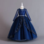 Navy lace and tulle girls ball gown with long sheer lace sleeves, sequin lace overlay trim and rhinestone waistband, designed for weddings and Christmas, view 2