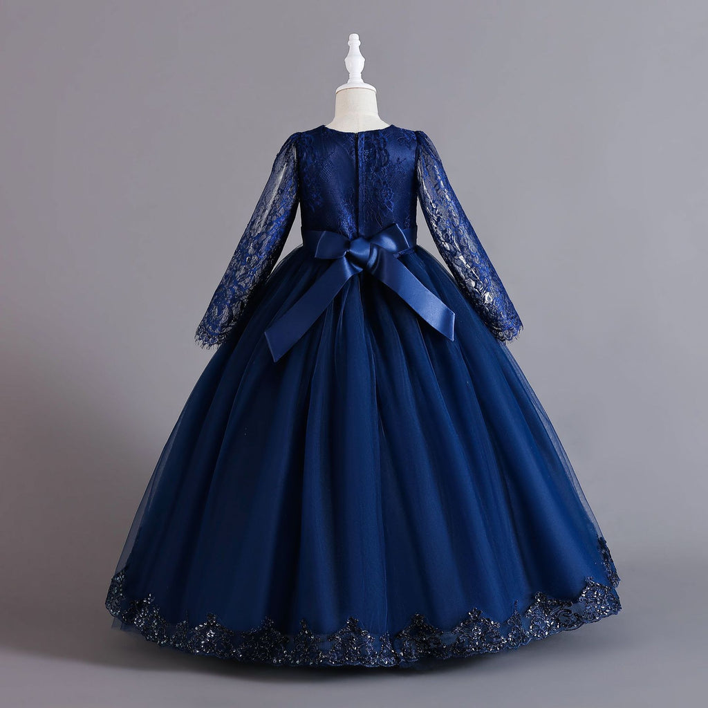 Navy lace and tulle girls ball gown with long sheer lace sleeves, sequin lace overlay trim and rhinestone waistband, designed for weddings and Christmas, view 3