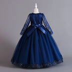 Navy lace and tulle girls ball gown with long sheer lace sleeves, sequin lace overlay trim and rhinestone waistband, designed for weddings and Christmas, view 3