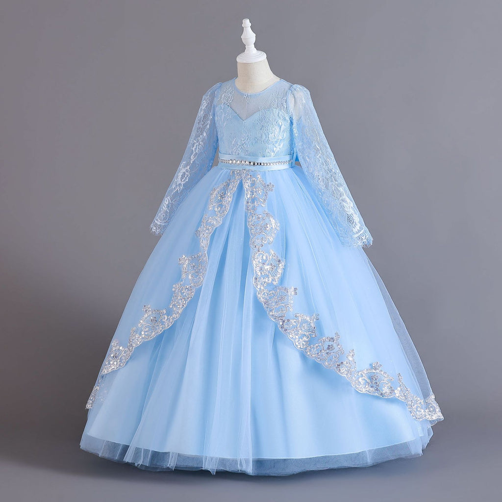 Light Blue lace and tulle girls ball gown with long sheer lace sleeves, sequin lace overlay trim and rhinestone waistband, designed for weddings and Christmas.