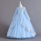 Light Blue lace and tulle girls ball gown with long sheer lace sleeves, sequin lace overlay trim and rhinestone waistband, designed for weddings and Christmas.