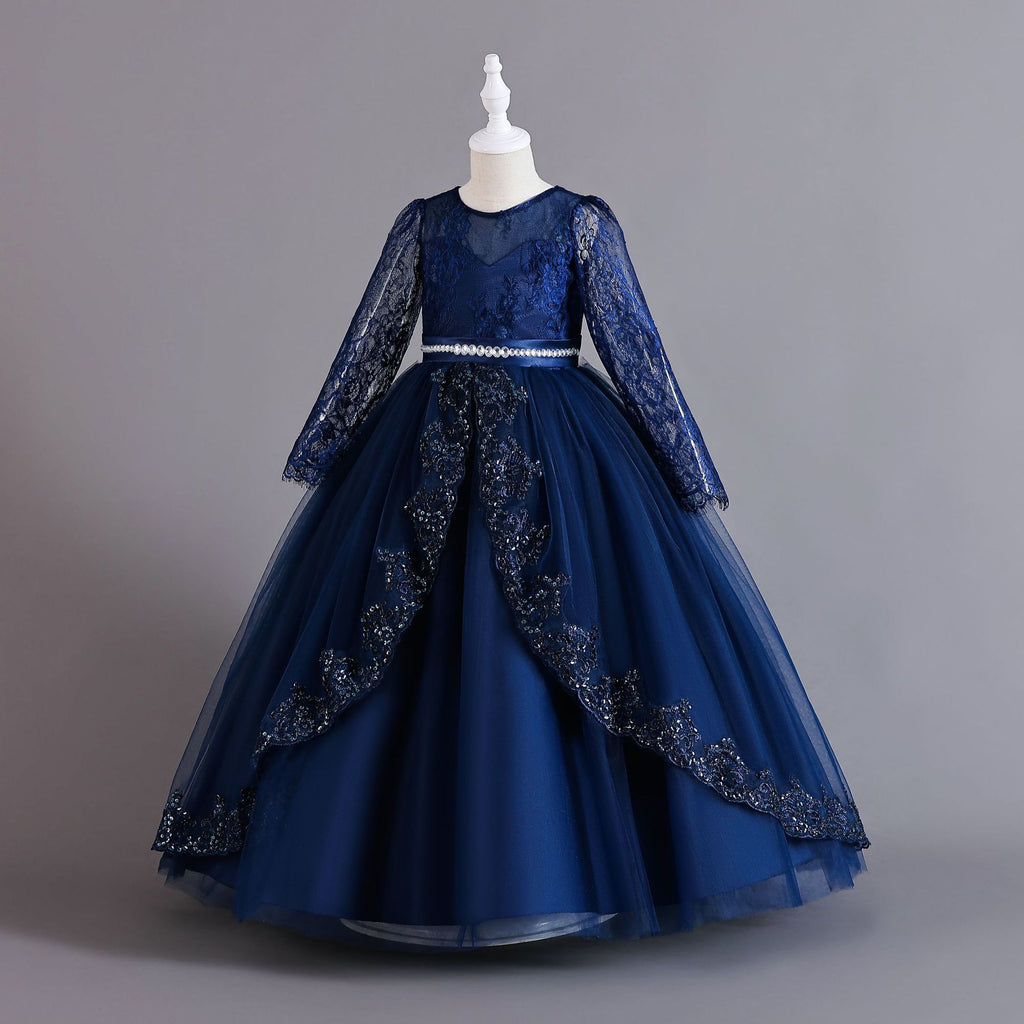 Navy lace and tulle girls ball gown with long sheer lace sleeves, sequin lace overlay trim and rhinestone waistband, designed for weddings and Christmas.
