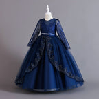 Navy lace and tulle girls ball gown with long sheer lace sleeves, sequin lace overlay trim and rhinestone waistband, designed for weddings and Christmas.