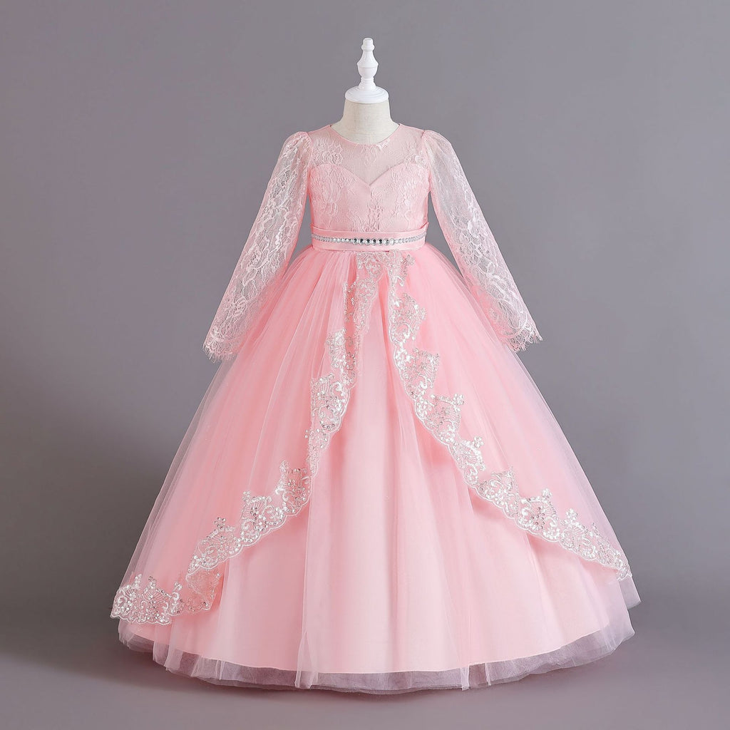 Pink lace and tulle girls ball gown with long sheer lace sleeves, sequin lace overlay trim and rhinestone waistband, designed for weddings and Christmas.