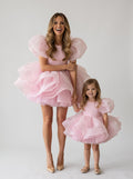 Mommy and daughter matching baby pink organza puff sleeve dresses