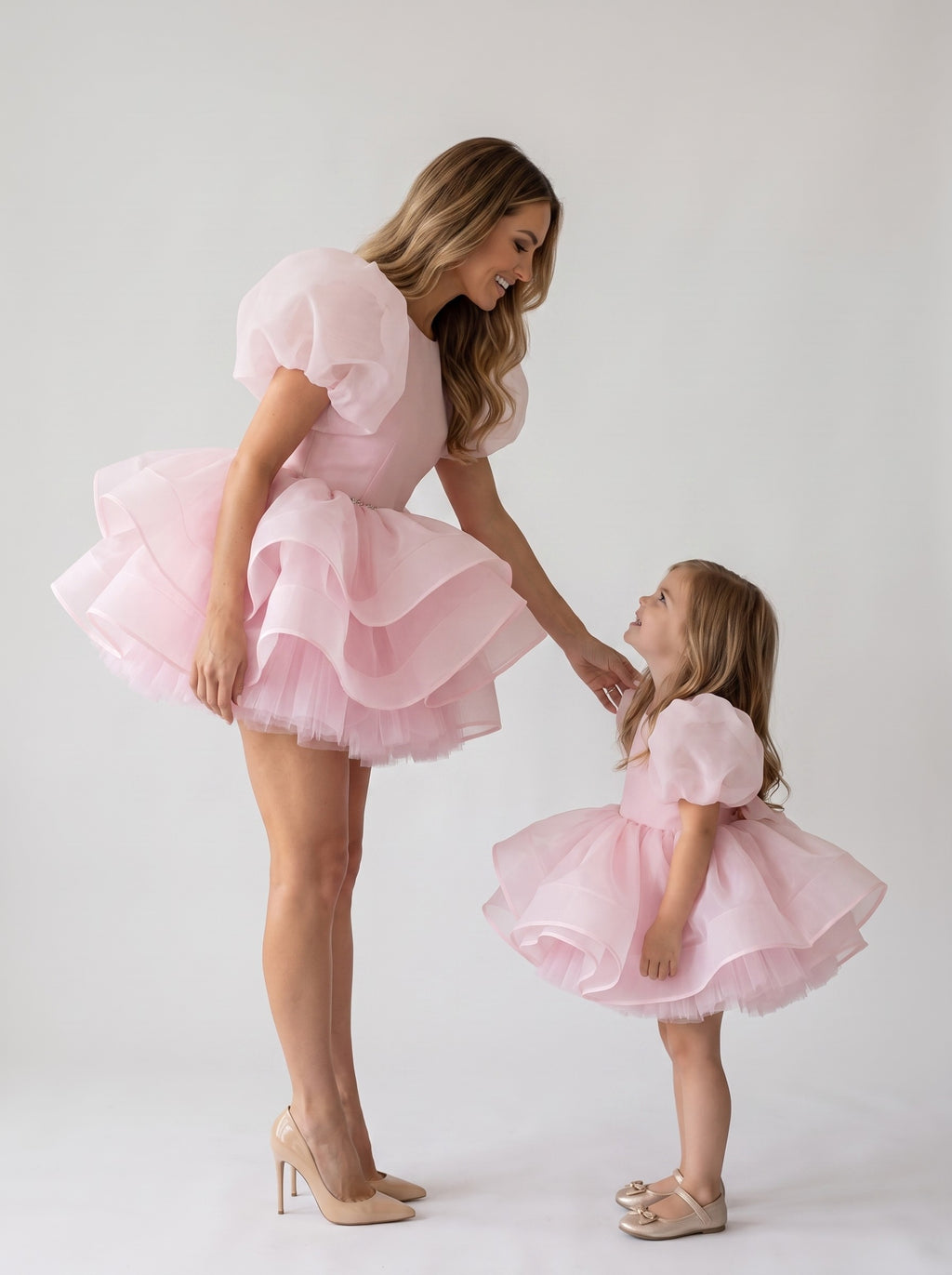 Mommy and daughter matching baby pink organza puff sleeve dresses