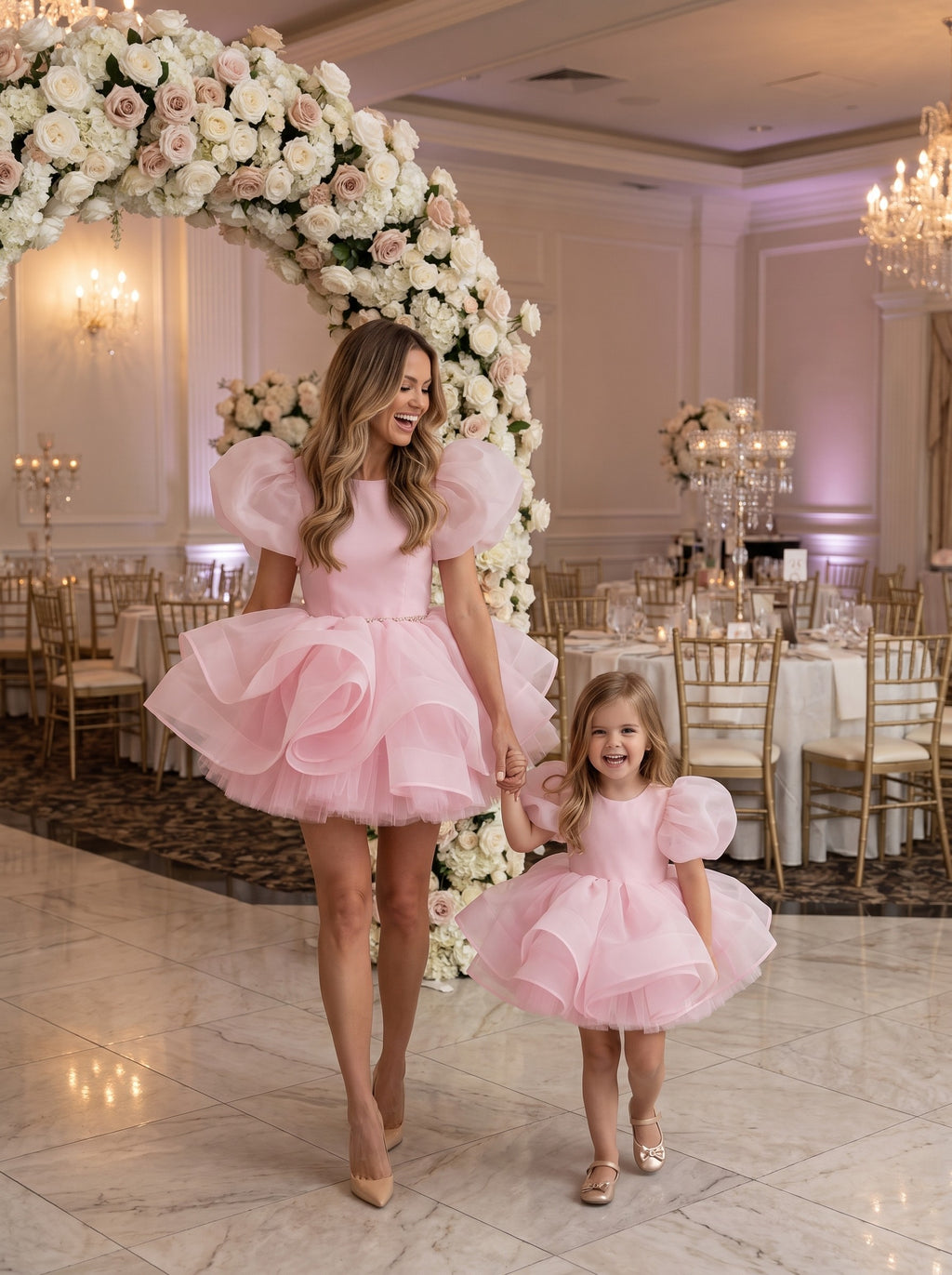 Mommy and daughter matching baby pink organza puff sleeve dresses