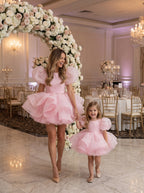 Mommy and daughter matching baby pink organza puff sleeve dresses
