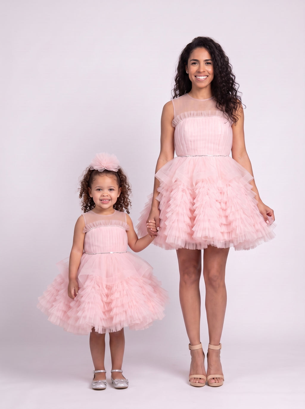 Mommy and daughter matching blush pink ruffled tulle party dresses