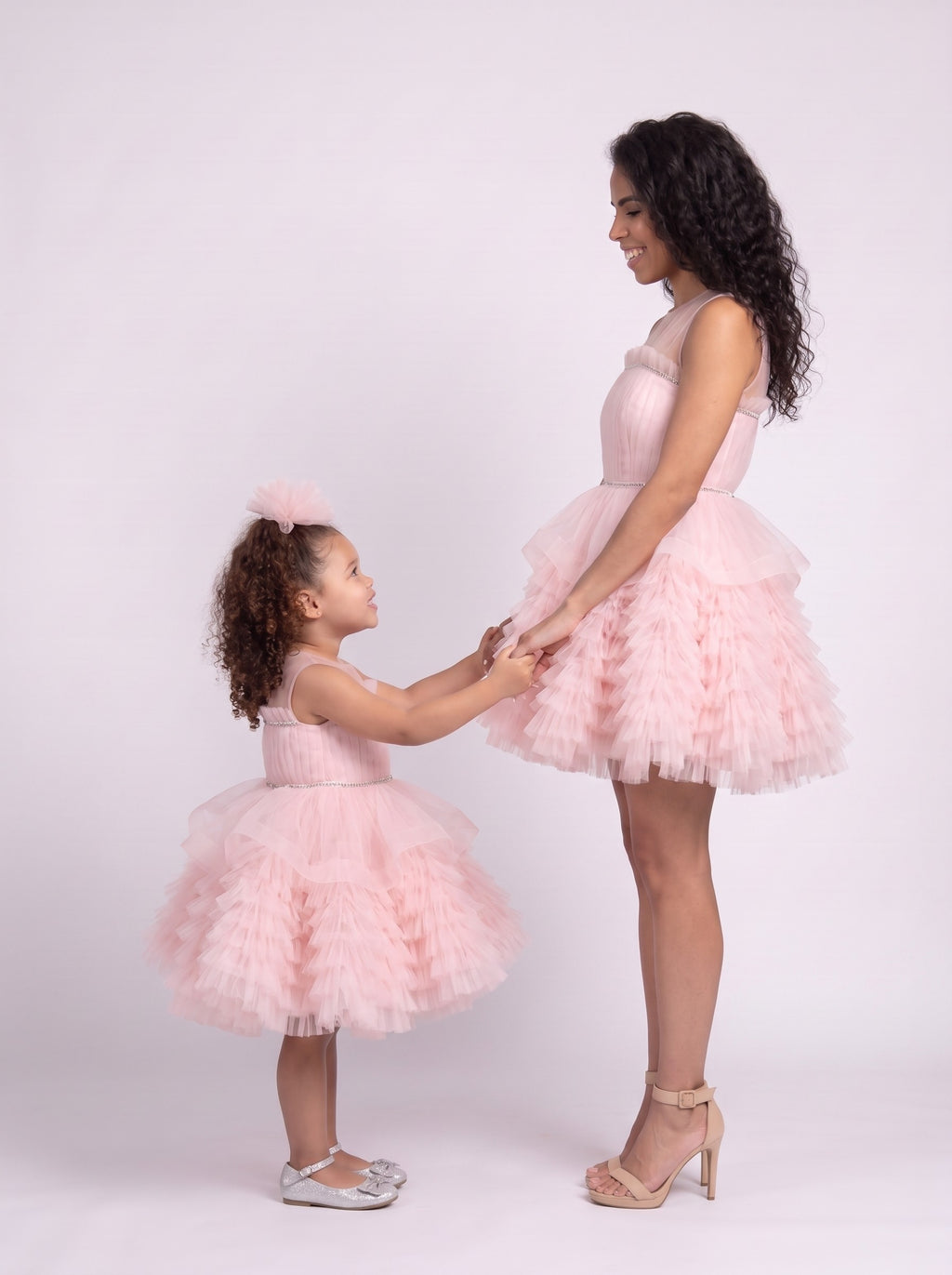 Mommy and daughter matching blush pink ruffled tulle party dresses