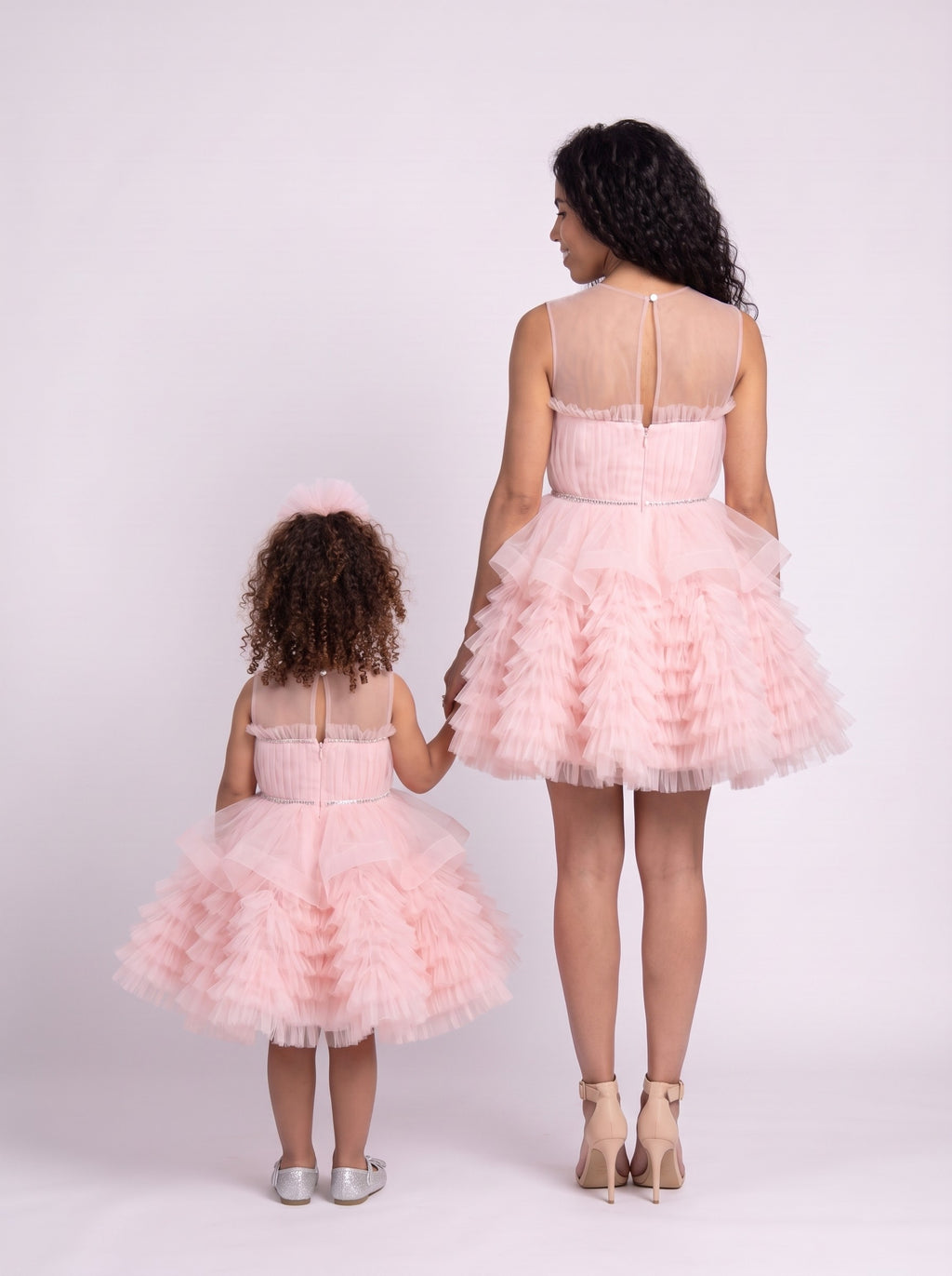 Mommy and daughter matching blush pink ruffled tulle party dresses
