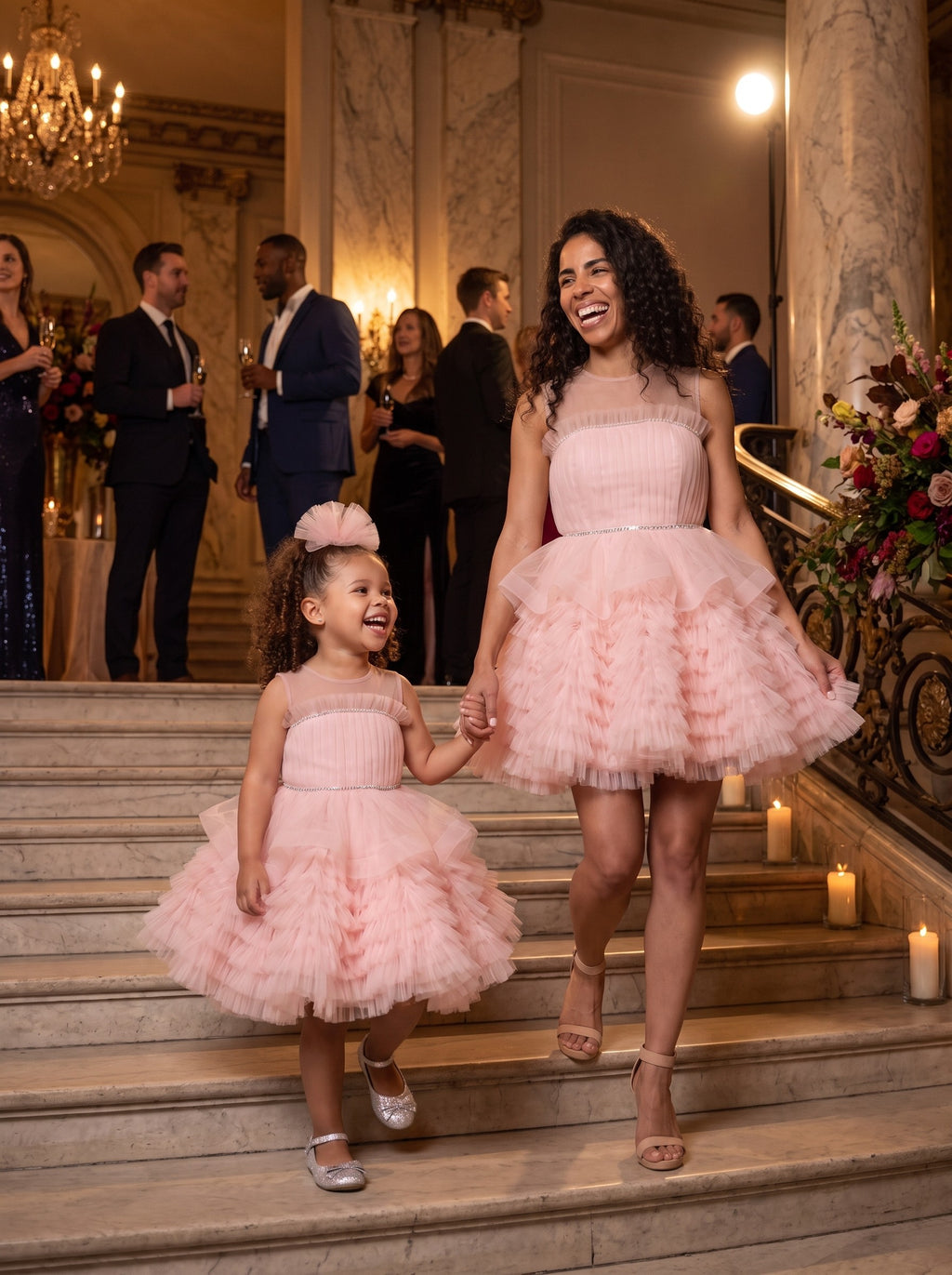 Mommy and daughter matching blush pink ruffled tulle party dresses